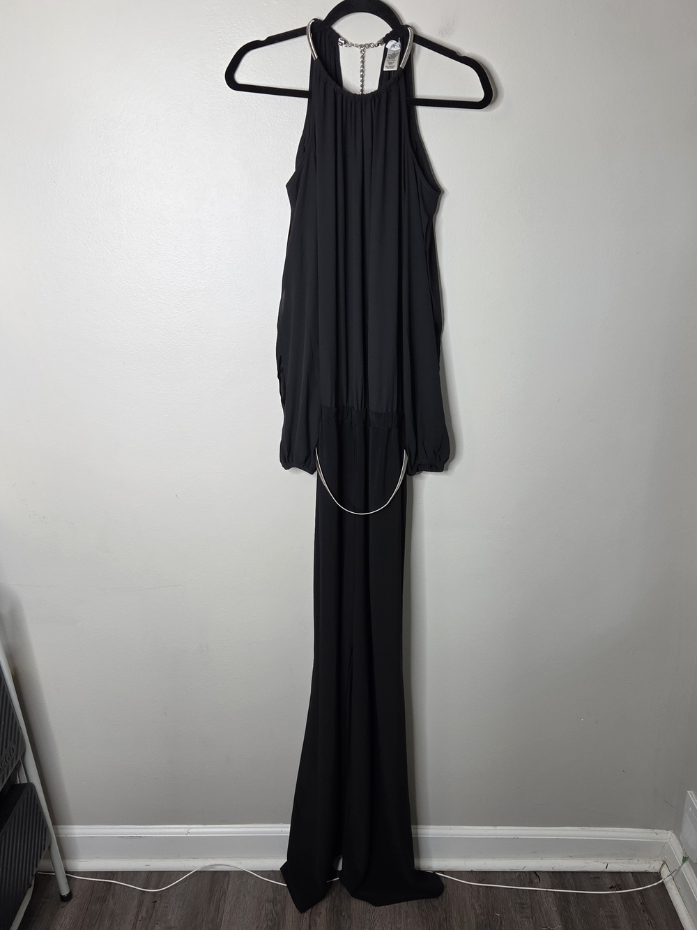 Cache Black Cold Shoulder Long Sleeve Wide Leg Jumpsuit Silver Necklace & Belt
